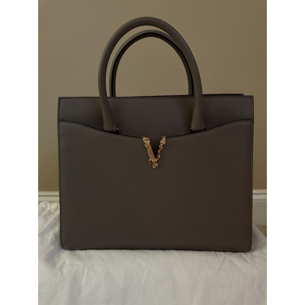 Versace Virtus Grainy Calf Leather Grey Large Top Handle Bag NWT $ 2100 Retail - Picture 2 of 10